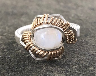 Rainbow Moonstone Energy Design Wire Wrapped Ring Argentium Silver Wire Wrapped Jewelry