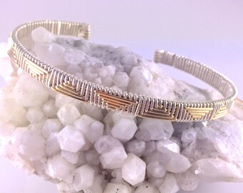 Elite Chevron Cuff Bracelet Gold Silver Pattern Unisex Argentium Silver and 14 Karat Yellow Gold Filled Wire Wrapped Jewelry