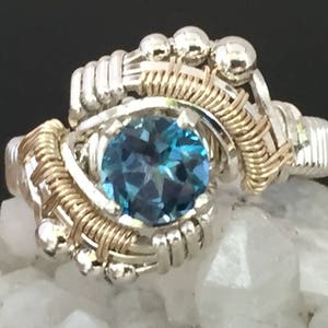 Andromeda Design London Blue Topaz Ring Argentium Silver 14 karat yellow gold filled wire wrapped jewelry image 1