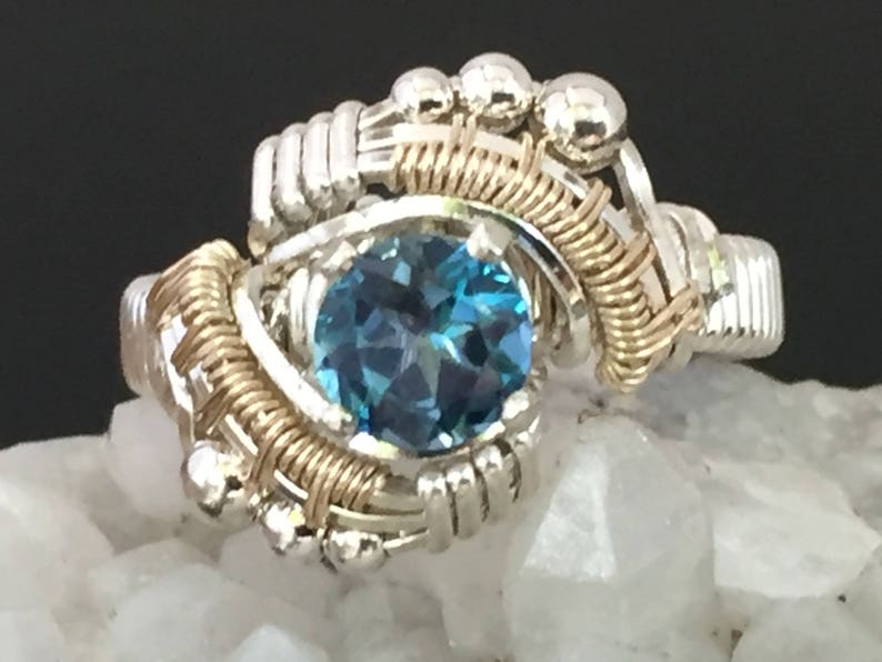 Andromeda Design London Blue Topaz Ring Argentium Silver 14 karat yellow gold filled wire wrapped jewelry image 1