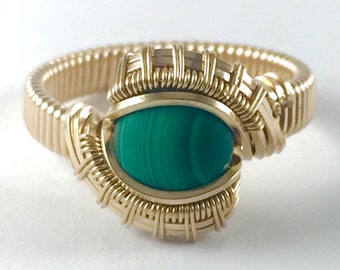 Pulse Malachite Ring Wire Wrapped All 14 Karat Yellow Gold Filled Wire