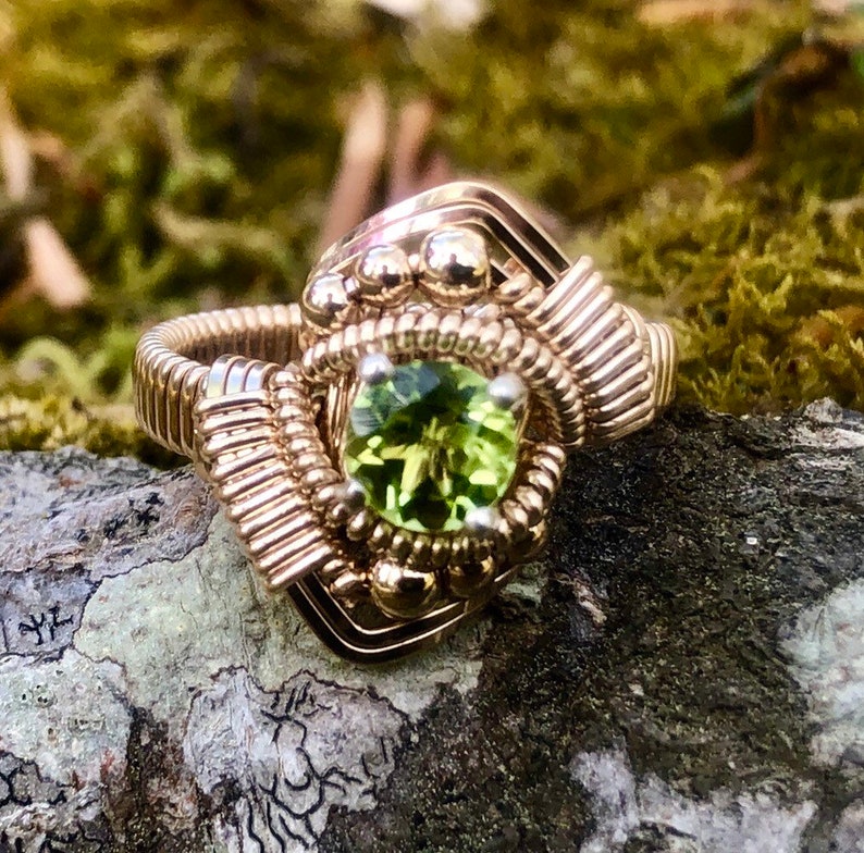 Orion Peridot Wire Wrapped Ring Argentium Silver and 14 Karat Yellow Gold Filled Wire Wrapped Jewelry image 5