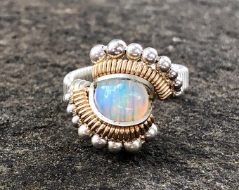 Beaded Ethiopian Opal Wire Wrap Ring