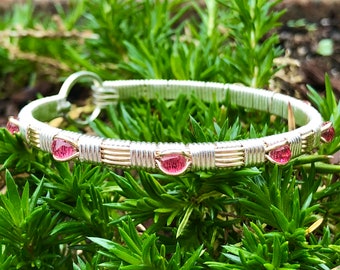 Classic Pink Tourmaline Bangle Design Silver and gold wire wrap jewelry by Ryan Eure Designs