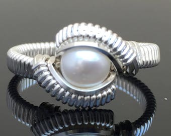 Classic Petite Fresh Water Pearl Wire Wrap Ring Argentium silver and 24 karat yellow gold filled wire wrapped designs by Ryan Eure