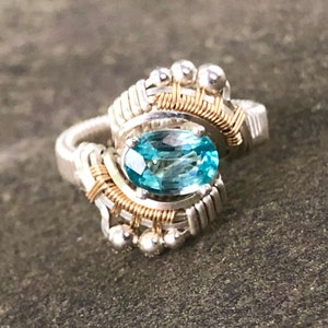 Andromeda Light Blue Zircon Wire Wrapped Ring Argentium Silver and 14 Karat Yellow Gold Filled Wire Wrapped Jewelry