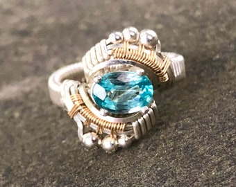 Andromeda Light Blue Zircon Wire Wrapped Ring Argentium Silver and 14 Karat Yellow Gold Filled Wire Wrapped Jewelry
