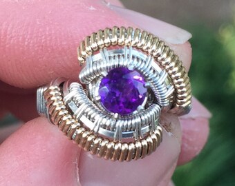 Spartan Amethyst Wire Wrapped Ring Argentium Silver and 14 Karat Yellow Gold Filled Wire Wrapped Jewelry