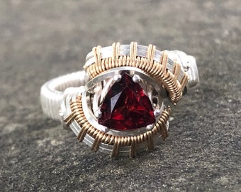 Pulse Trillion Almandine Garnet Wire Wrapped Ring Argentium Silver and 14 Karat Yellow Gold Filled Wire Wrapped Jewelry