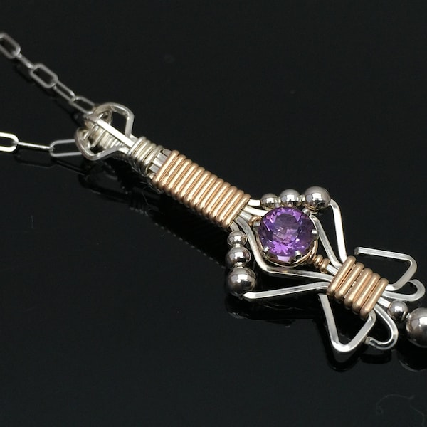 Byzantine African Amethyst Charm Pendent Argentium Silver and 14 karat yellow gold filled wire wrap designs by Ryan Eure