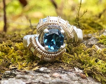 Pulse Pattern London Blue Topaz Ring Argentium Silver 14 karat yellow gold filled wire wrapped jewelry