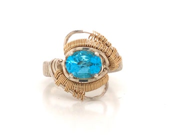 Nebula Swiss Blue Topaz Wire Wrapped Ring Argentium Silver and 14 Karat Yellow Gold Filled Wire Wrapped Jewelry