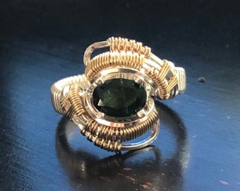 Nebula Dark Green Tourmaline Wire Wrapped Ring Argentium Silver and 14 Karat Yellow Gold Filled Wire Wrapped Jewelry