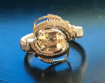 Nebula Citrine Wire Wrapped Ring Argentium Silver and 14 Karat Yellow Gold Filled Wire Wrapped Jewelry
