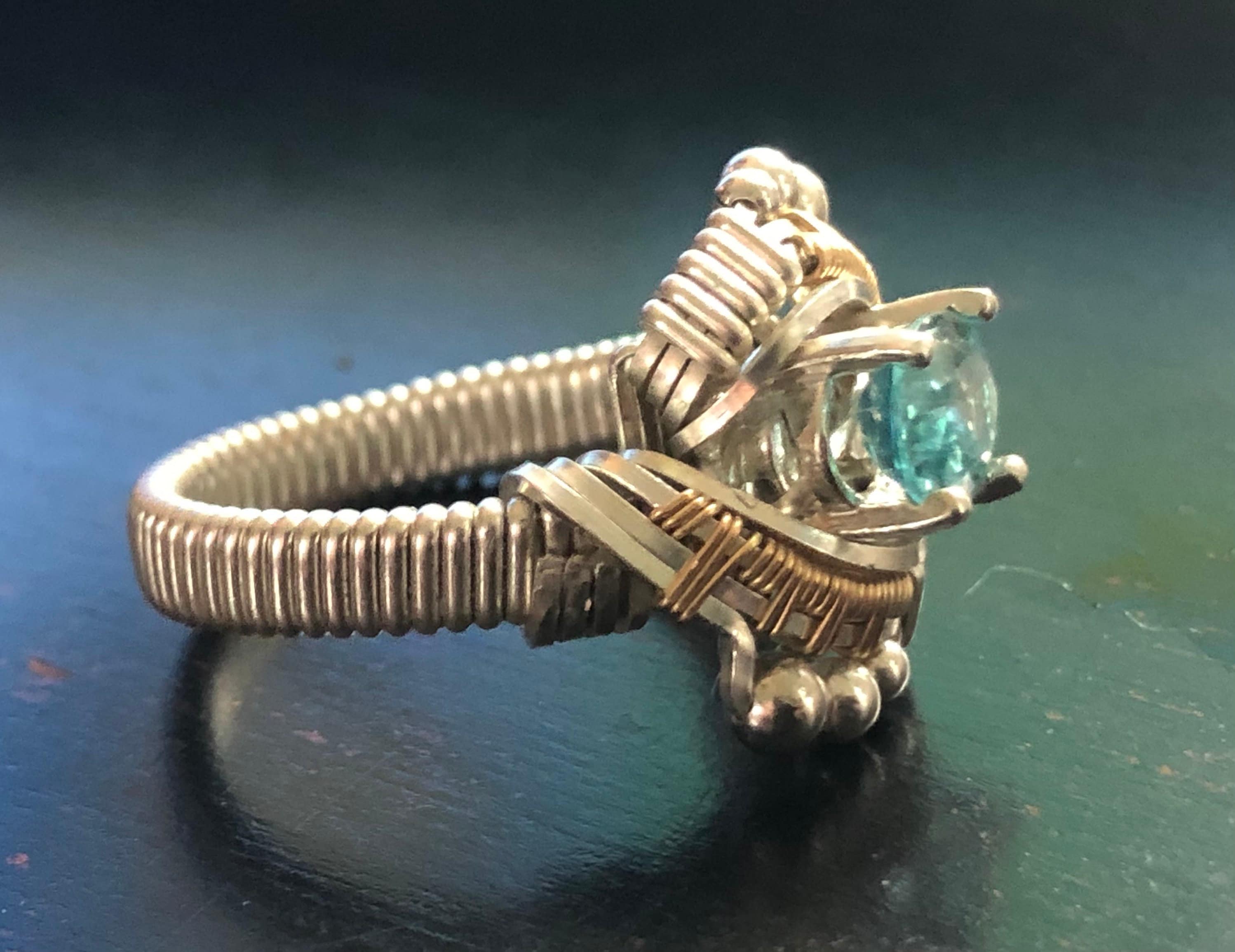 Andromeda Light Blue Zircon Wire Wrapped Ring Argentium