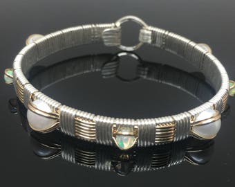 Classic Fresh Water Pearl and Ethiopian Opal Elite Bangle Bracelet