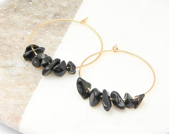 Gold and Black Gemstone Midi Hoop Earrings  - Black and Gold Earrings, Black and Gold Jewellery, Black Gemstone Jewellery, Gold Hoops