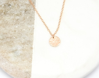 Rose Gold Hammered Disc Necklace - Rose Gold Filled Disc Necklace, Rose Gold Fill Necklace, January Eleven Co