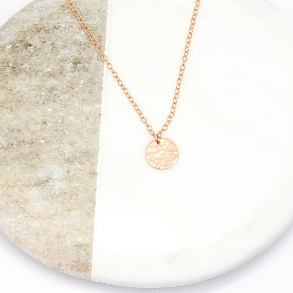 Dainty Jewellery Rose Gold Pendant Bridesmaid Gift Disc Pendant Rose Gold Layering Necklace Hammered Necklace Rose Gold Coin Necklace