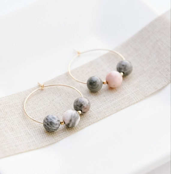 Gold and Pink Jasper Marbled Midi Hoops