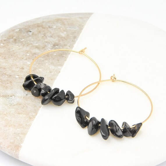Gold and Black Stone Midi Hoop Earrings - Black and Gold Earrings, Black and Gold Jewellery, Black Gemstone Jewellery, Gold Hoops