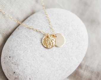 Gold Double Mini Disc necklace - Gold Filled disc necklace, Two Gold Disc Pendant