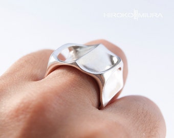 Designer silver ring for women and men, KABUTO, wide ring, modern signet ring, avant-garde jewelry, art nouveau style