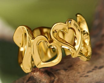 Heart ring "Courage" multi-hearts grand model, creation HIROKO MIURA design, marriage, alliance, unique, original, yellow gold, guarantee