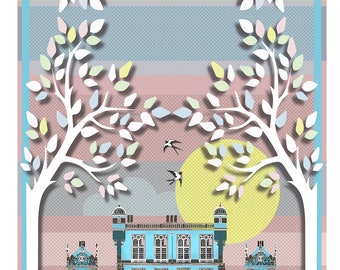 A luxury & unique Tea towel -  Wollaton Hall - a whimsical design by British designer Dorota Stumpf Nottingham