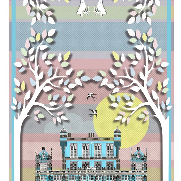 A luxury & unique Tea towel -  Wollaton Hall - a whimsical design by British designer Dorota Stumpf Nottingham