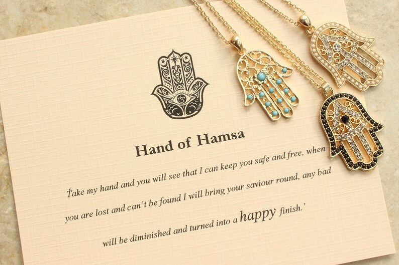 Hand of Hamsa Necklace, Hand of Fatima Necklace, Meaningful Gifts, Meaningful Necklace Good Luck Charm, Pendant, Inspirational Quote Card 