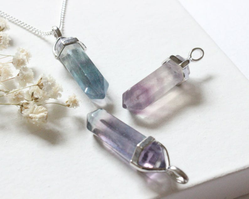 Fluorite Crsytal Healthy Strength Necklace Crystal Point Necklace Rainbow Fluorite Fluorite Necklace Fluorite Gemstone Necklace