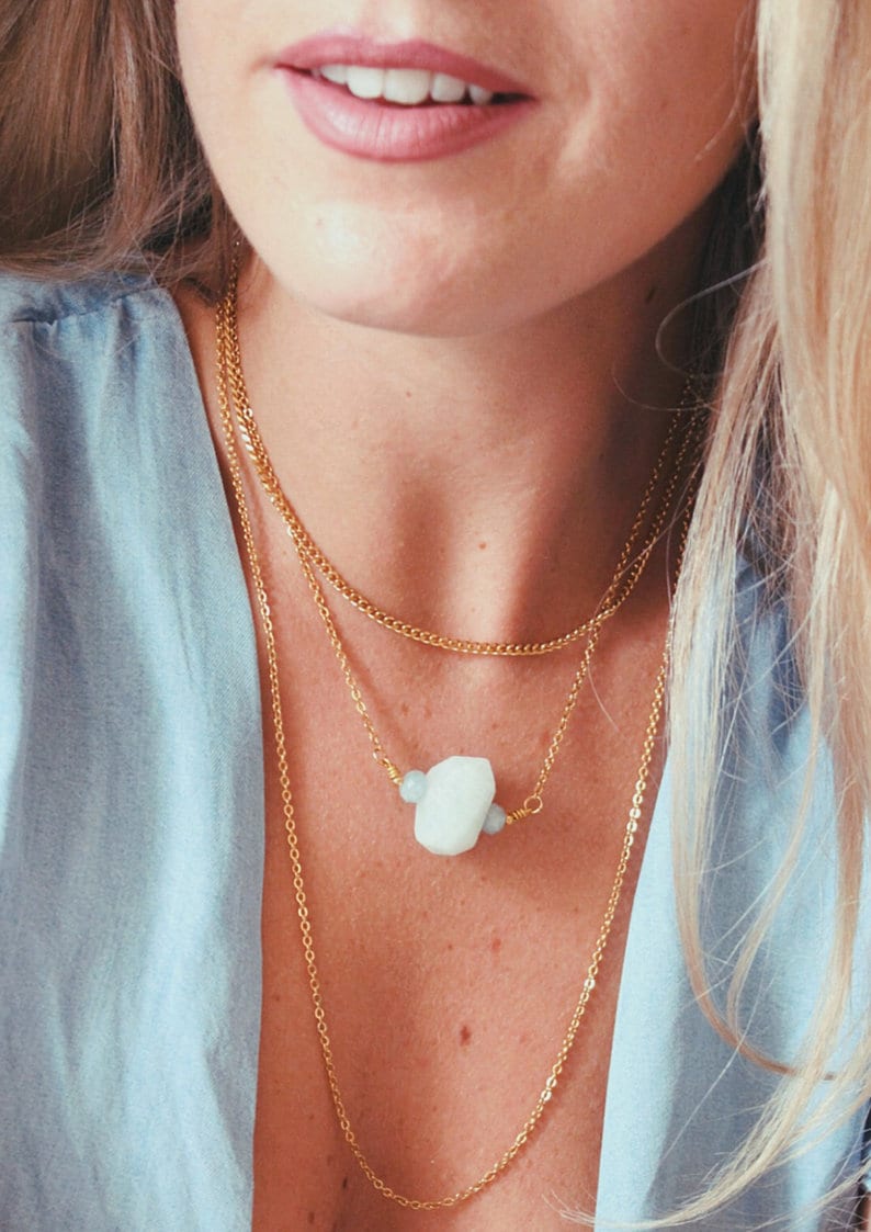 Large Aquamarine Pendant on Dainty Gold filled Chain Layering Necklace