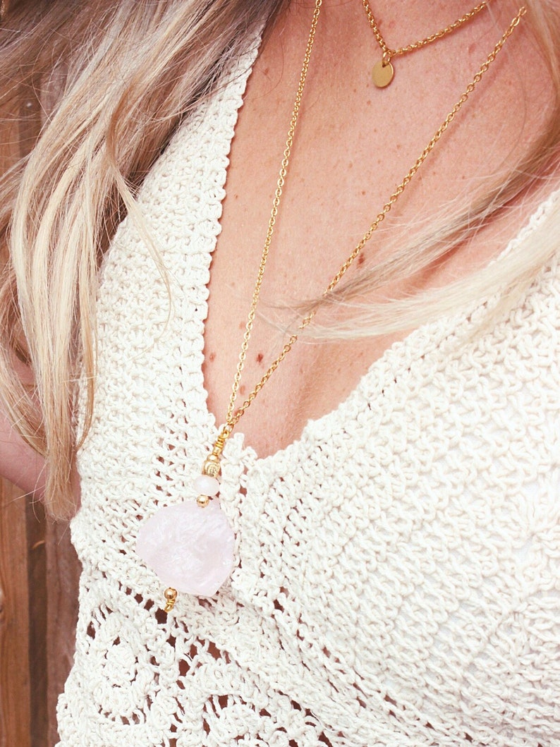 Raw Rose Quartz Necklace on a Gold Fill Long Chain Chunky Etsy