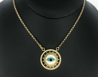 ROUND EYE Pendant Necklace * Enamel Evil Eye Pendant * Large Gold Pendant Necklace *  CZ Evil Eye Pendant * Gold Necklace for Layering