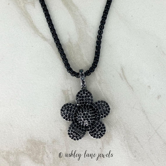 BLACK DAHLIA Flower Necklace Black CZ Flower Pendant All Black Necklace All Black Flower Necklace Black Enamel Box Chain Etsy