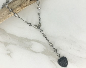 EMBOSSED HEART Y-Necklace * Grey Glass Bead Necklace * Black Heart Necklace * Gunmetal Necklace * Gray Glass * Lariat Y Necklace