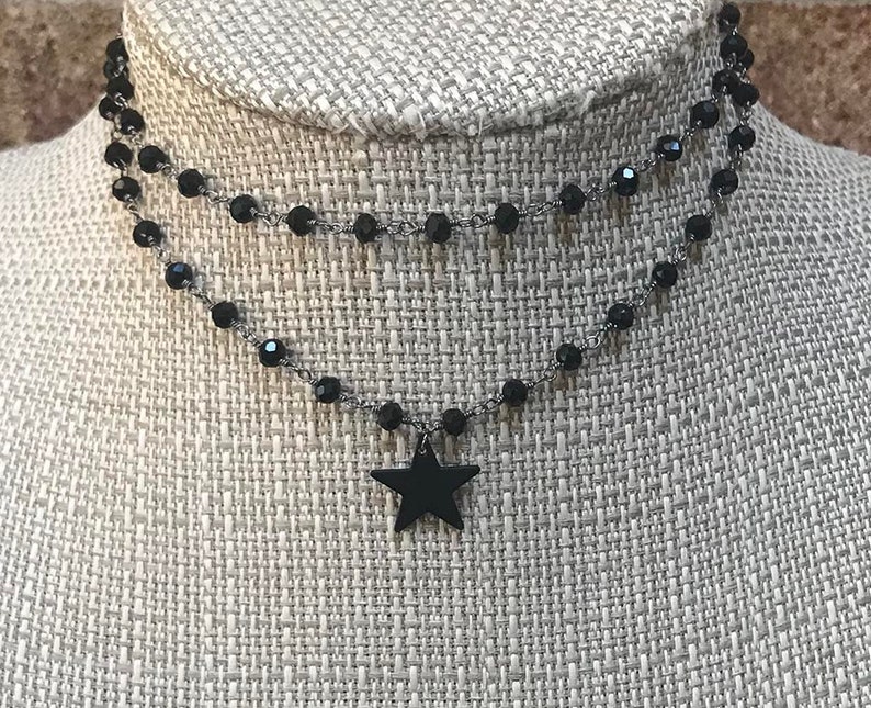 MIDNIGHT STAR Gunmetal Black Star CHOKER Single or Double Choker Black Star Necklace All Black Necklace Double Layer Black Necklace DOUBLE Strand Choker