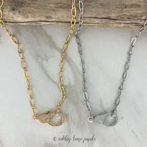 CLAWZ Gold or Silver Pave Lobster Clasp Necklace,  Lobster Claw Closure Necklace, Clasp to add Pendants,  Front Clasp necklace