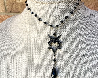 DARK QUEEN Bat Wing Heart Necklace * All Black Glass Teardrop Dangle Gothic 90s Choker