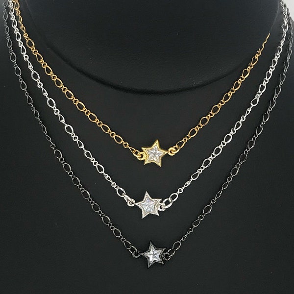 CRYSTAL STAR Choker Necklace for Layering *  CZ Glass Star Pendant * Star Necklace * Gold Silver Gunmetal * Stack Stacking Layer