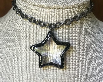 NEW NOVA Huge Gunmetal and Crystal STAR Choker Necklace * Chunky Chain * Glass Star Pendant * Bold * Stunning * Statement