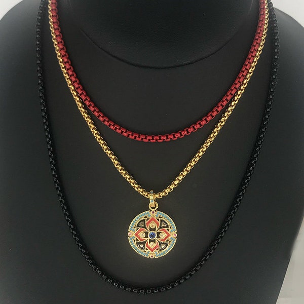 TAPESTRY Pendant Necklace on Colored Enamel Box Chains * Choose Gold, Red or Black *  Medallion Necklace * Great to Layer