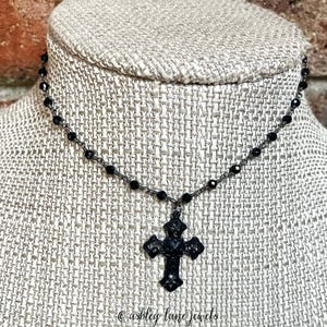 DAINTY GOTHIC CROSS Choker *  All Black Beaded Necklace  * Goth Whimsigoth Alternative 90s Alt