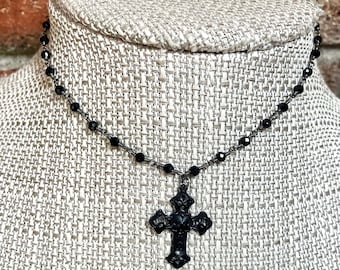 DAINTY GOTHIC CROSS Choker *  All Black Beaded Necklace  * Goth Whimsigoth Alternative 90s Alt