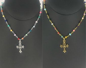 RAINBOW FLEUR CROSS Necklace *  Rosary Beaded Chain * Gold cross necklace Silver cross necklace Multi Multicolored Multi Color Multi Colored