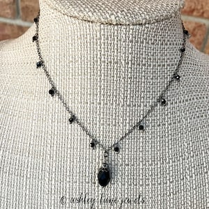 NOIR - Our Gunmetal Black Necklace with Glass Teardrop Dangle,   Black Teardrop Necklace,   All Black Necklace,   Black Layering Necklace