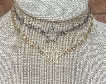 STAR ATTRACTION Glass Chokers - Choose  Gunmetal , Gold or Silver *  Open Star Pendant *  Black * Bezel * Simple * Minimal *Stacking