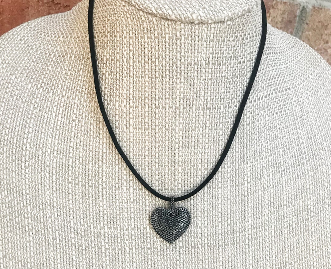 PAVE VELVET HEART Necklace Black Velvet Cord Necklace With Black Cz