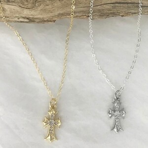 MINI MAJESTIC Gold or Silver CZ Cross Necklace * Sterling Silver Chain * Gold Filled Chain * Small Silver Cross Pendant * Delicate & Dainty